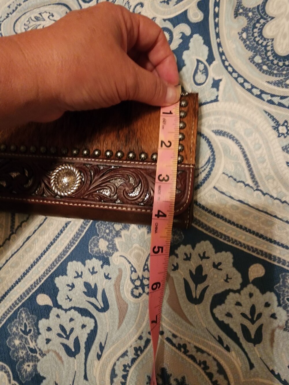 American Darling Brown Haircalf Tote with Tooled Leather Trim - Picture 9 of 16
